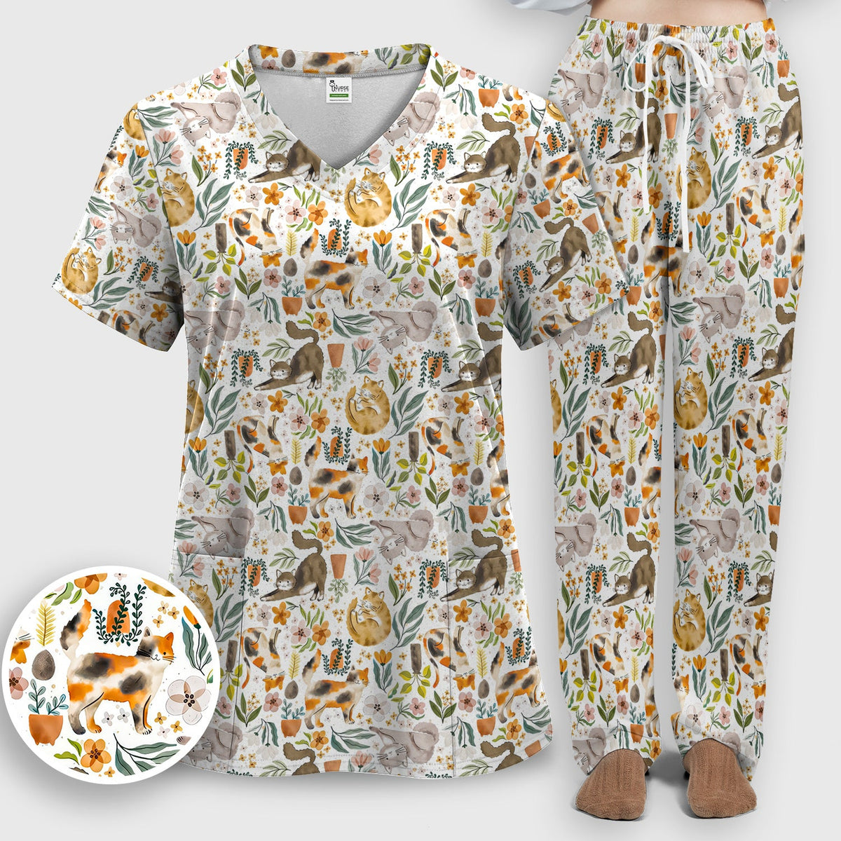 Cat Wildflower Garden Nurse Scrub Set