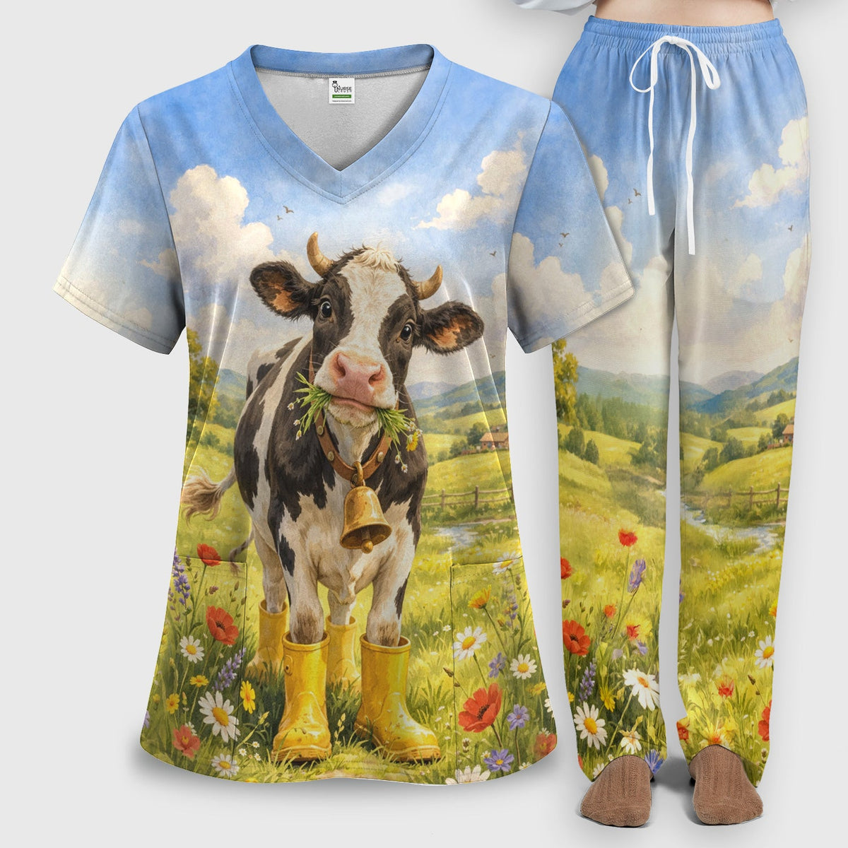 Cow Wearing Boots Nurse Scrub Set