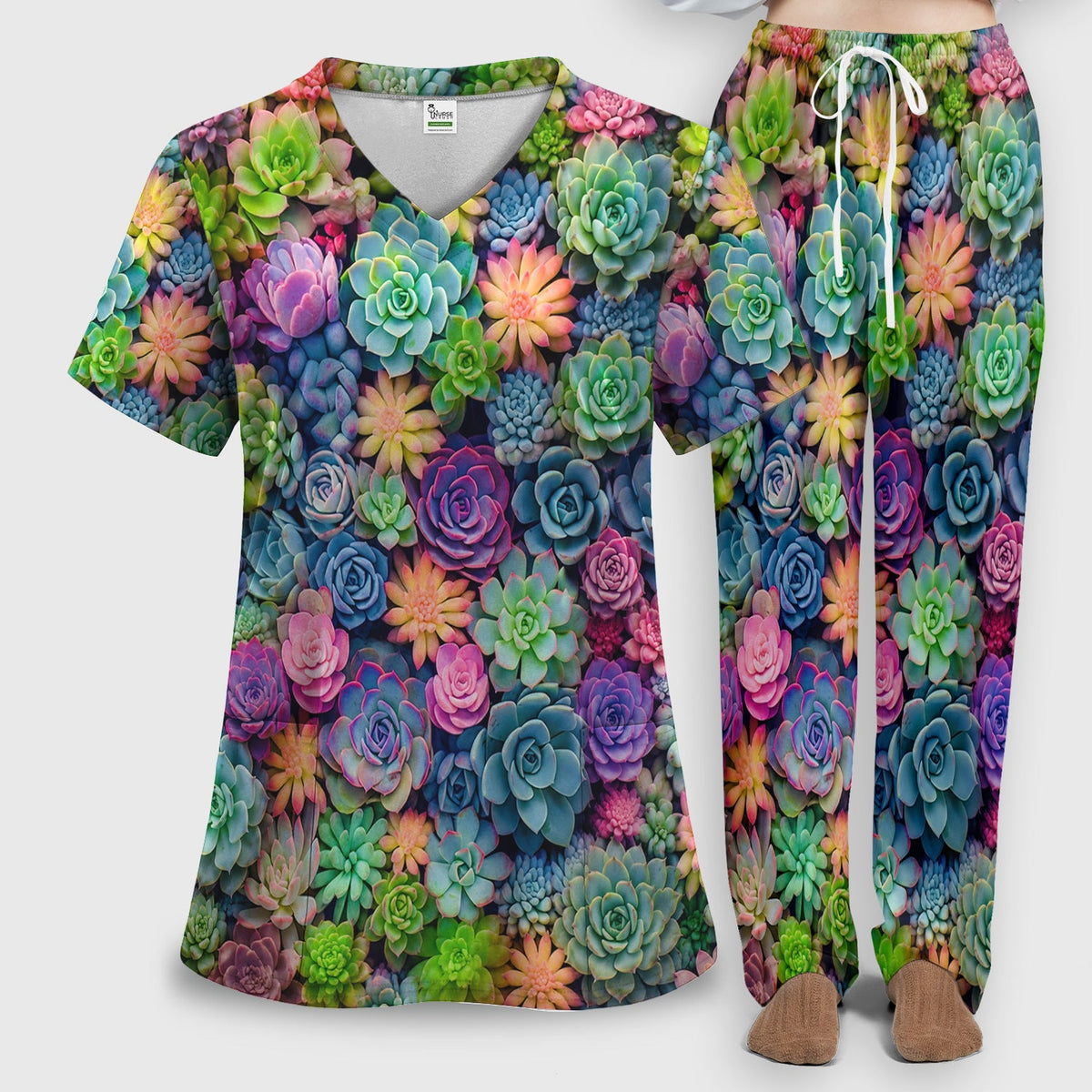 Boho Succulent Flower Nurse Scrub Set