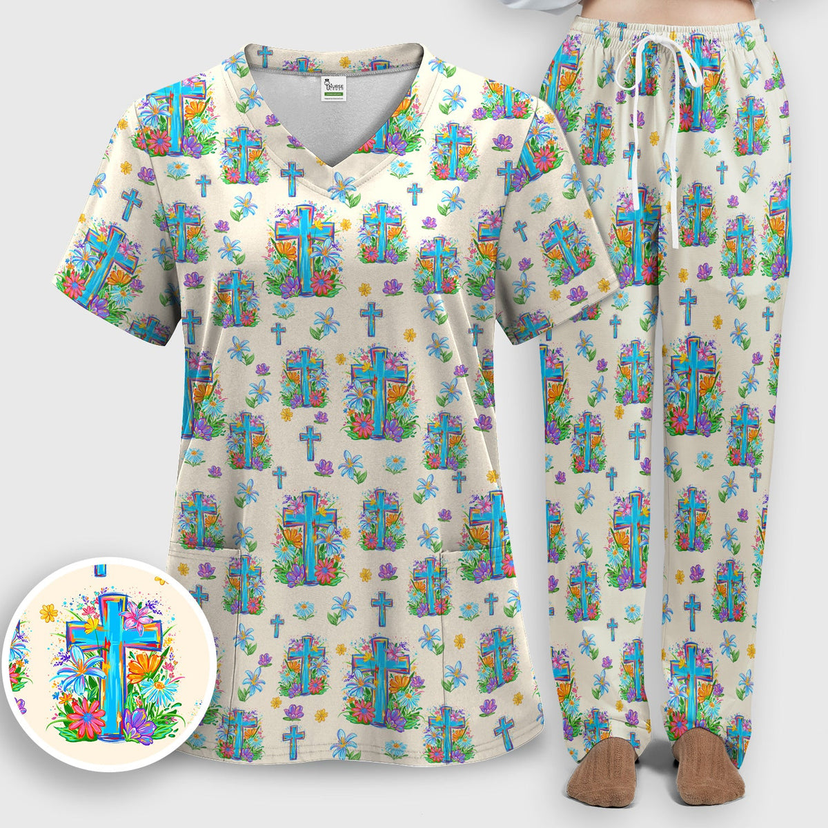Christian Floral Cross Spring Nurse Scrub Set