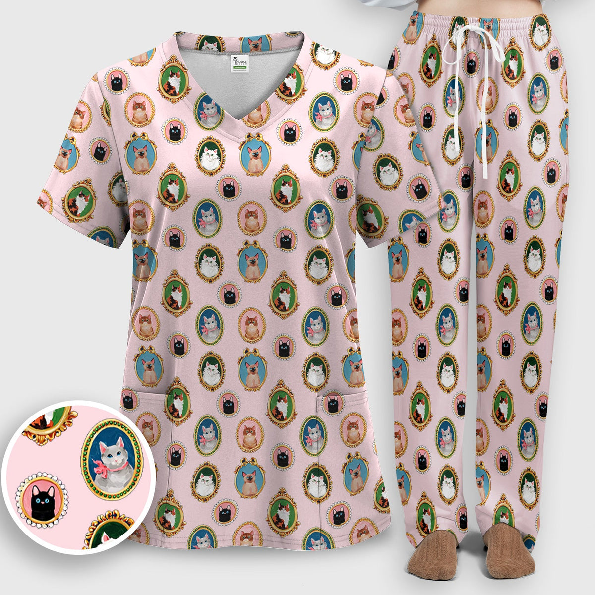 Vintage Cat Portrait Nurse Scrub Set