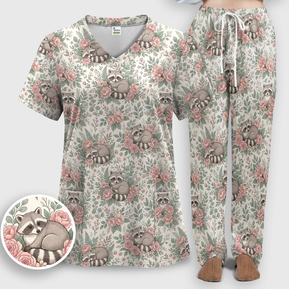 Sleeping Raccoon Rose Garden Nurse Scrub Set