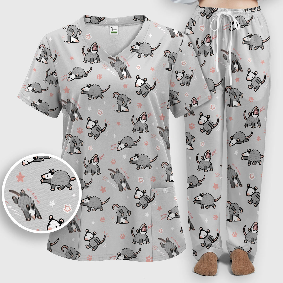 Cartoon Opossum Nurse Scrub Set