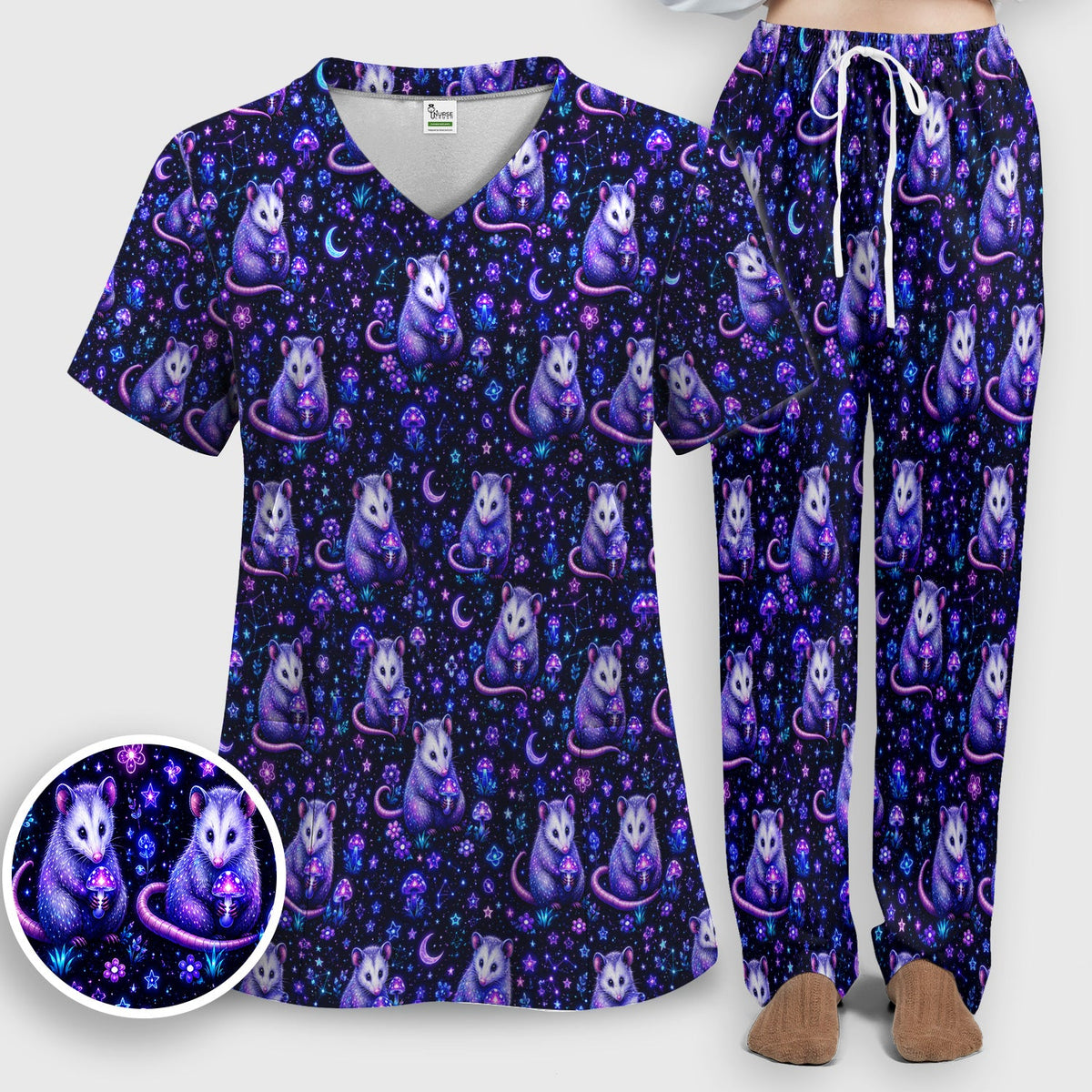 Neon Opossum Mushroom Galaxy Nurse Scrub Set