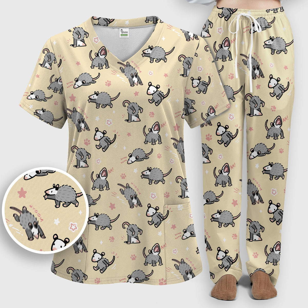 Cartoon Opossum Nurse Scrub Set