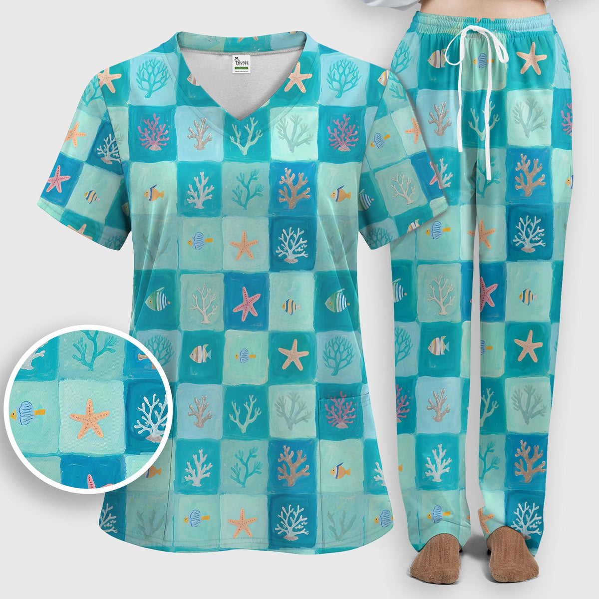 Ocean Coral Fish Starfish Nurse Scrub Set