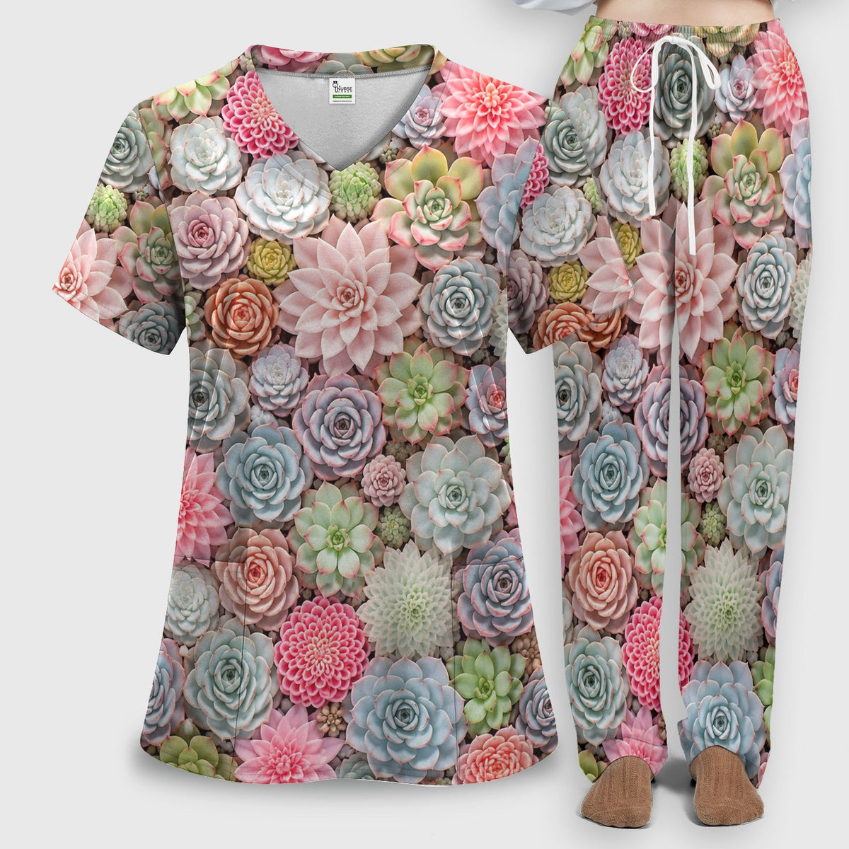 Pastel Succulent Blossom Nurse Scrub Set