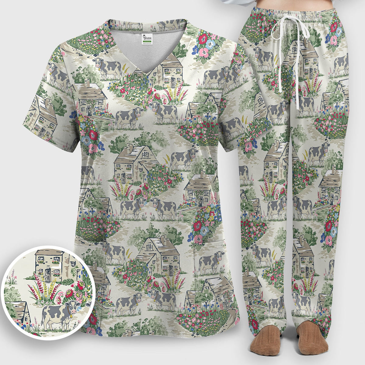 Countryside Cows Cottage Garden Nurse Scrub Set