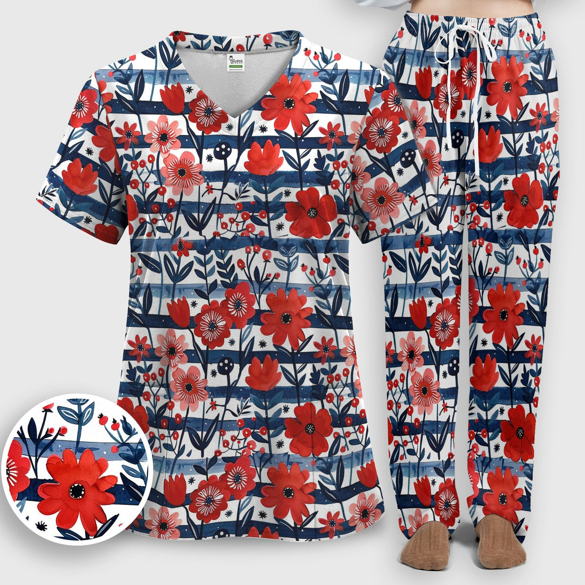 Red Poppy Navy Stripe Nurse Scrub Set