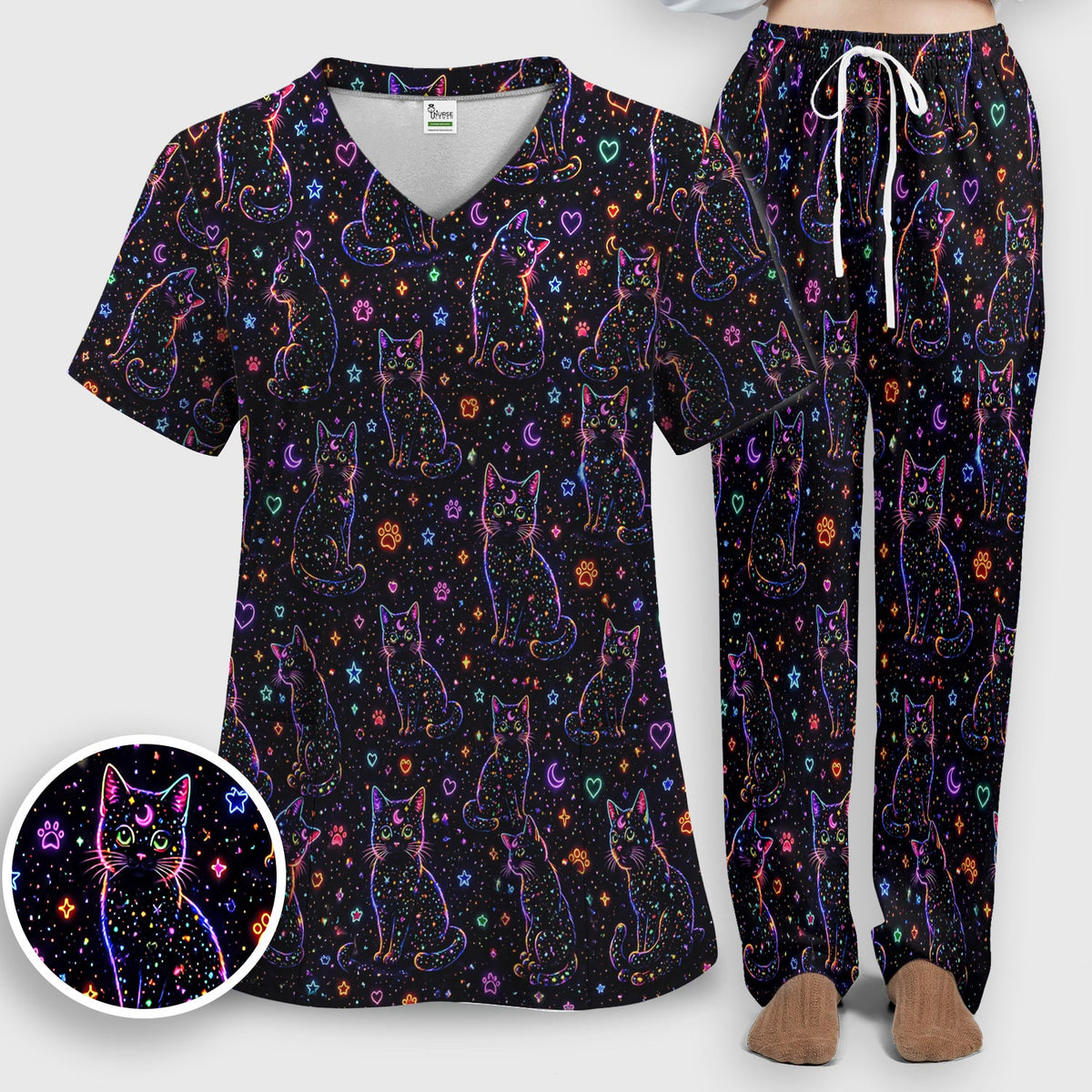 Mystical Cosmic Moon Cat Nurse Scrub Set