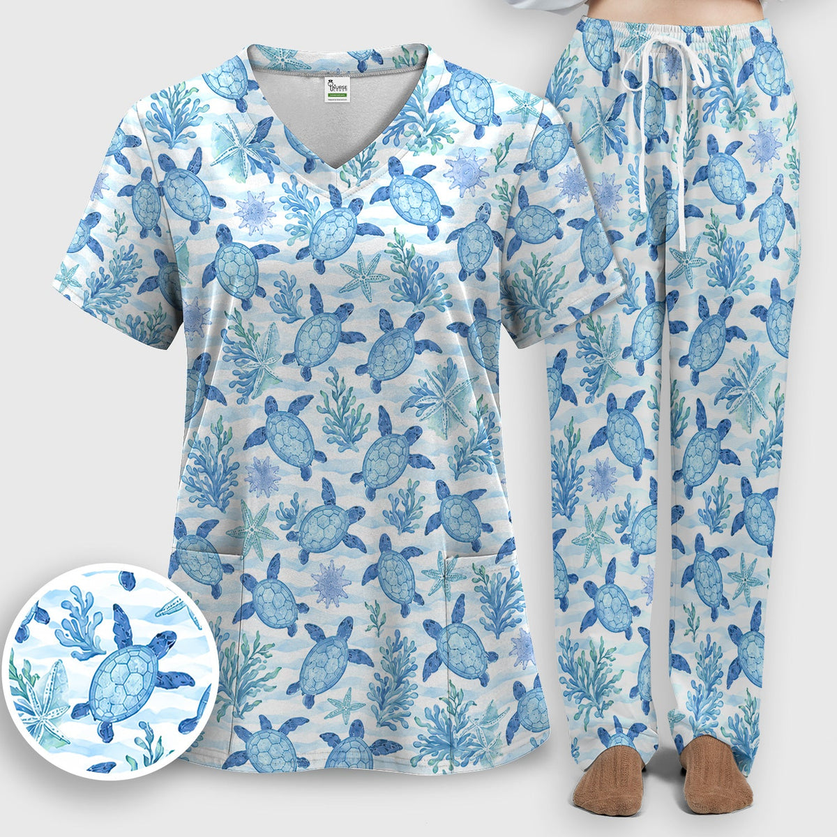 Coastal Sea Turtle Coral Nurse Scrub Set