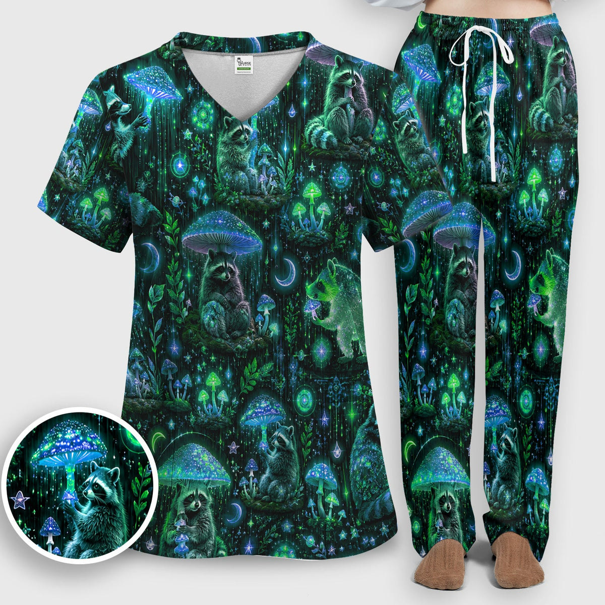 Glowing Raccoon Forest Nurse Scrub Set