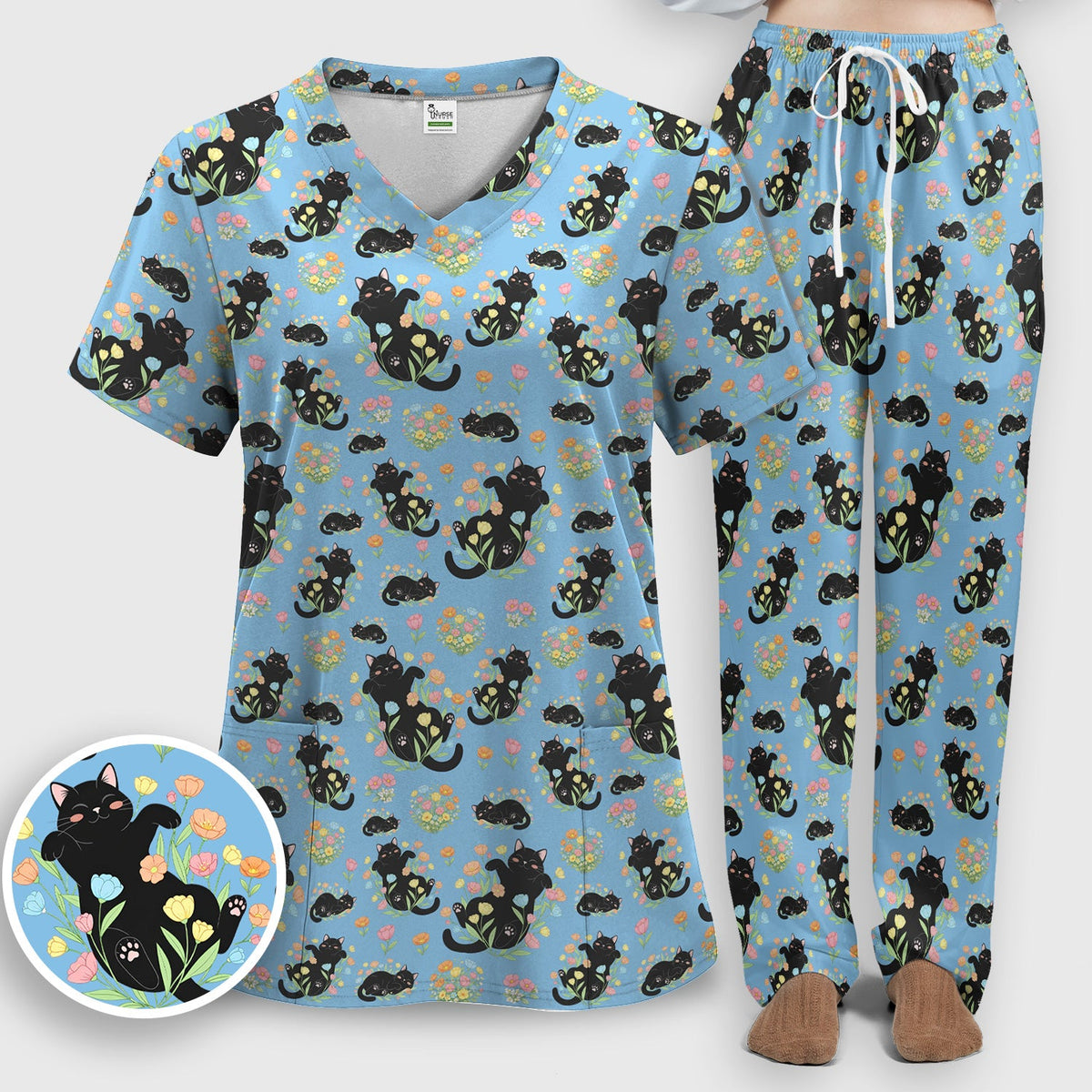 Cats Cute Poses Floral Nurse Scrub Set