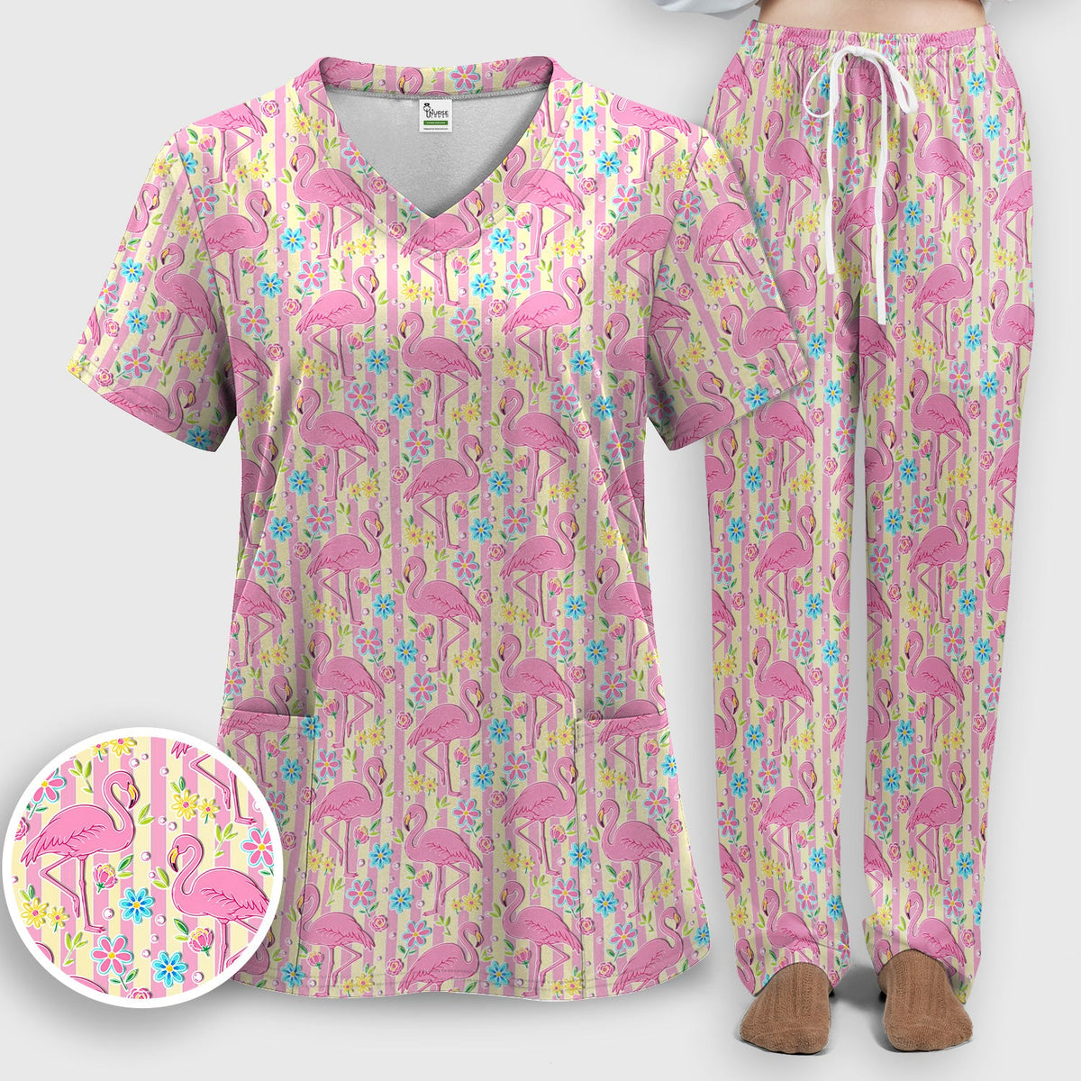 Pink Flamingo Flower Stripe Nurse Scrub Set