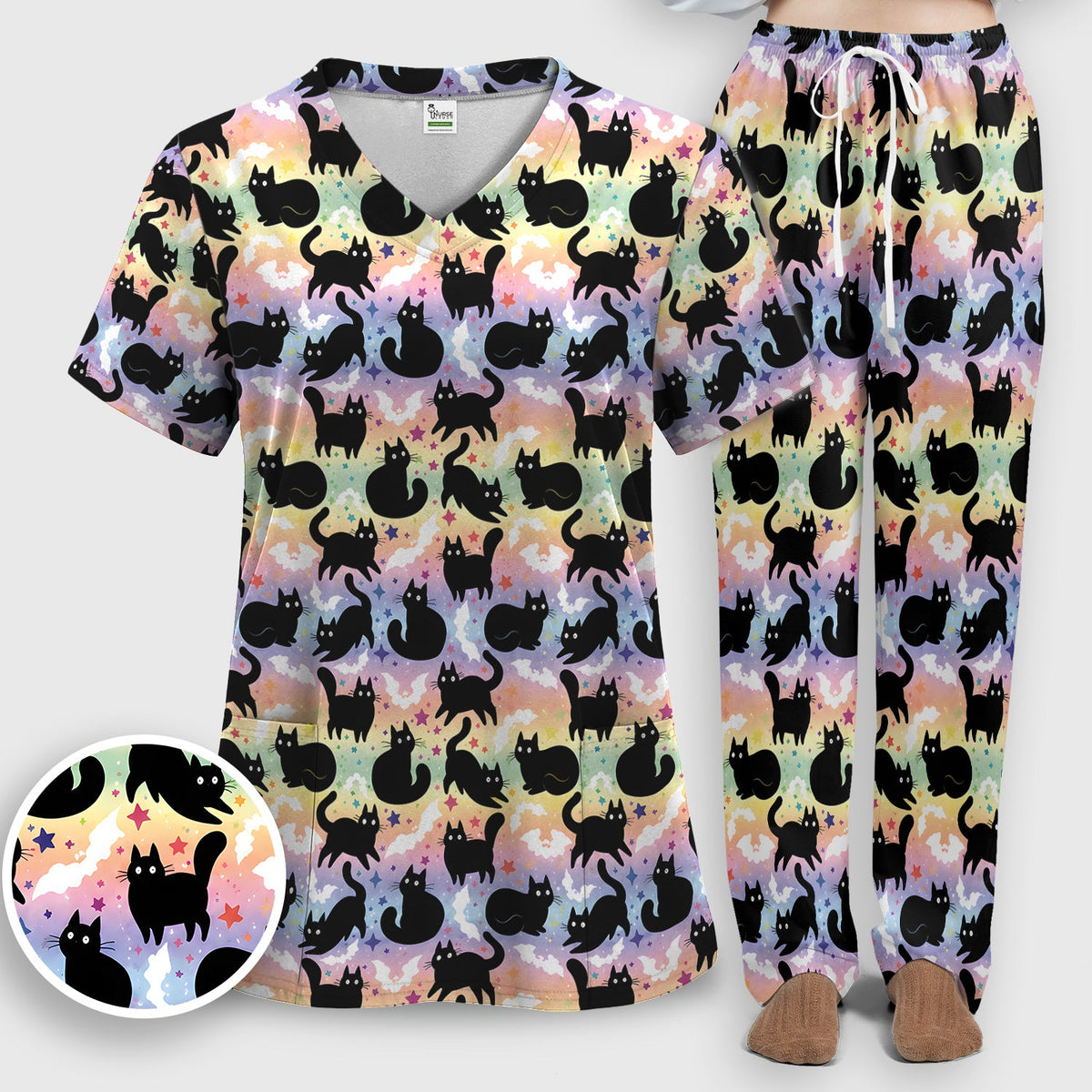 Pastel Star Black Cat Nurse Scrub Set