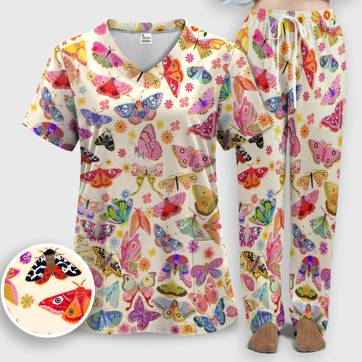 Colorful Butterfly Floral Nurse Scrub Set