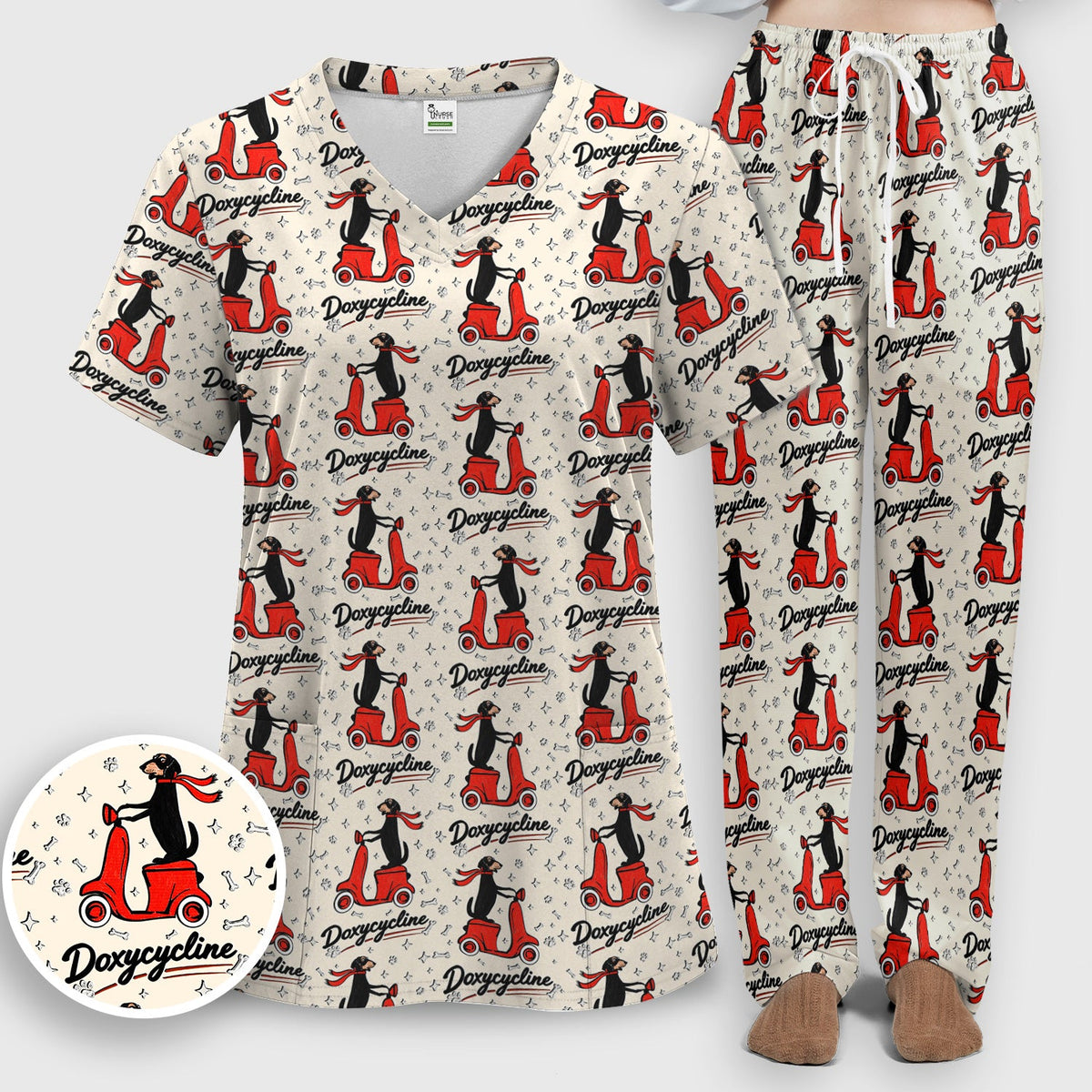 Dachshund Riding Scooter Nurse Scrub Set