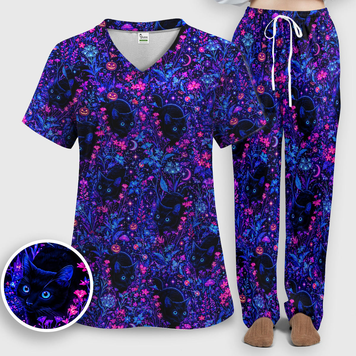 Spooky Black Cat Garden Nurse Scrub Set