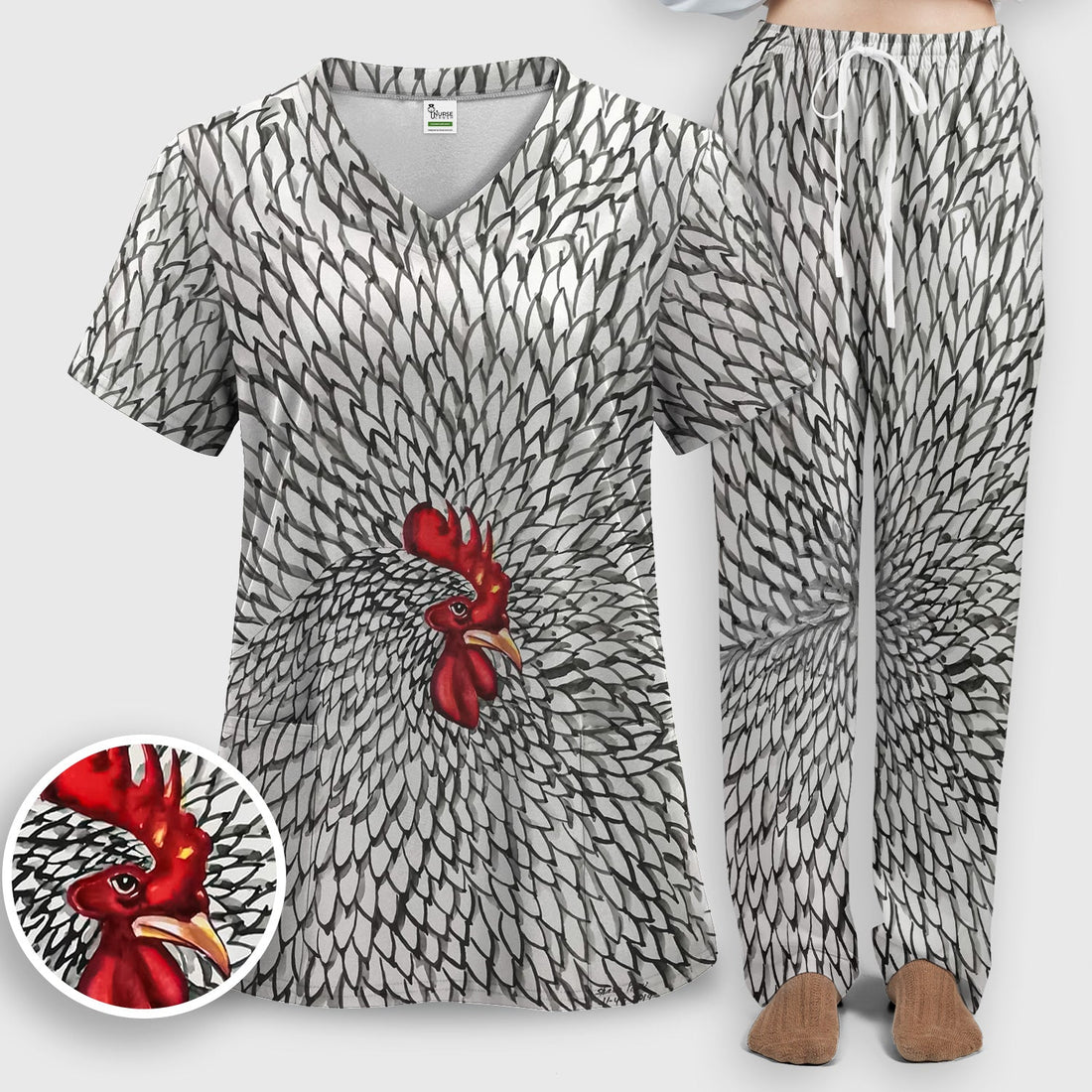 Watercolor Rooster Feather Nurse Scrub Set