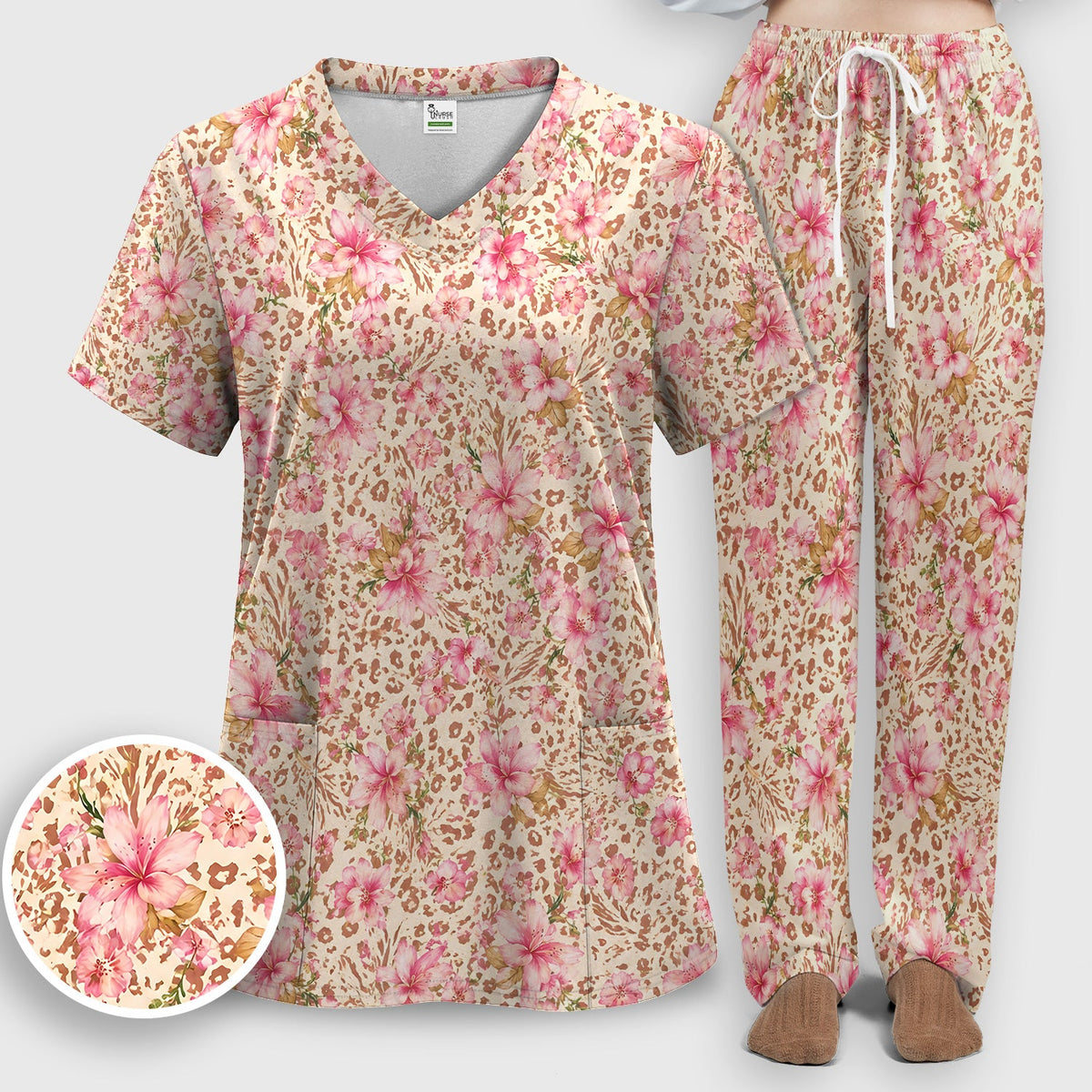 Pink Floral Leopard Nurse Scrub Set