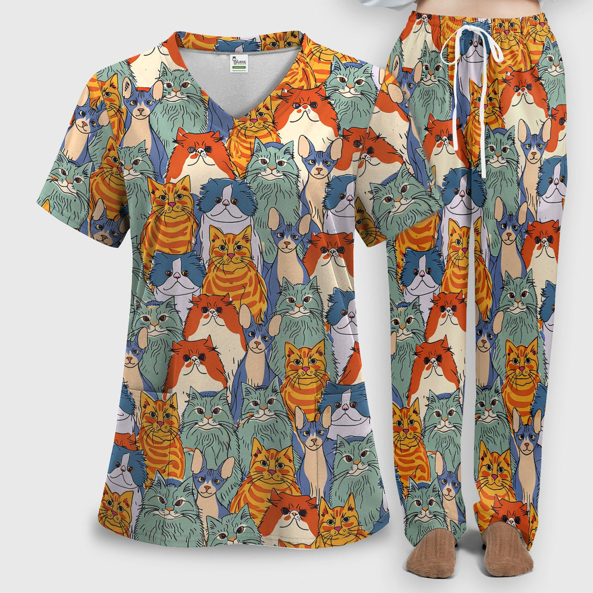 Multicolor Cat Faces Nurse Scrub Set