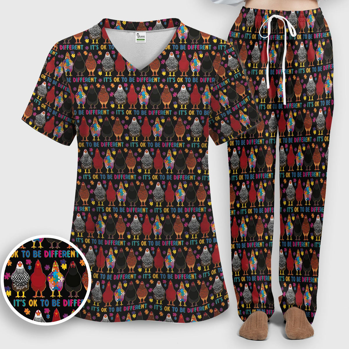 Autism Chicken It's OK To Be Different Nurse Scrub Set
