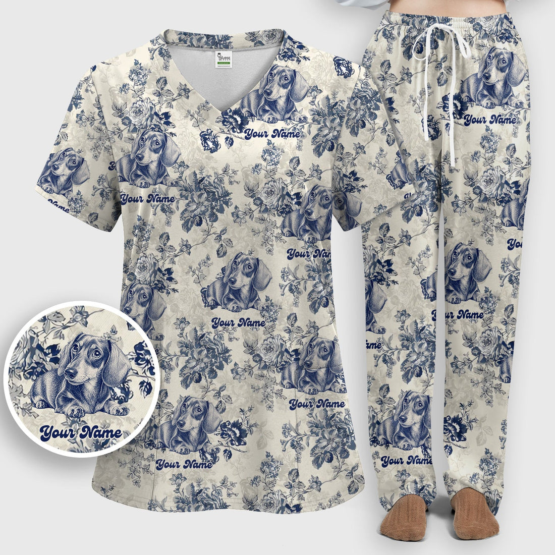 Personalized Vintage Floral Dachshund Portrait Nurse Scrub Set
