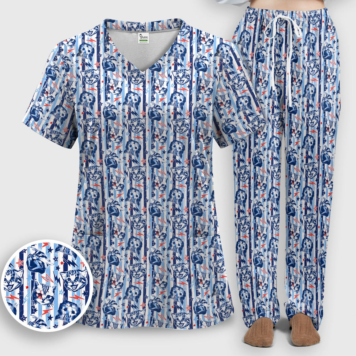 Cat Faces With Lightning Nurse Scrub Set