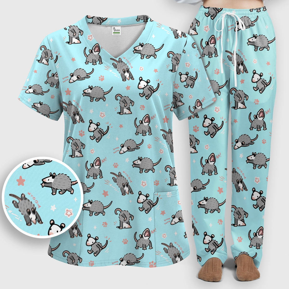 Cartoon Opossum Nurse Scrub Set