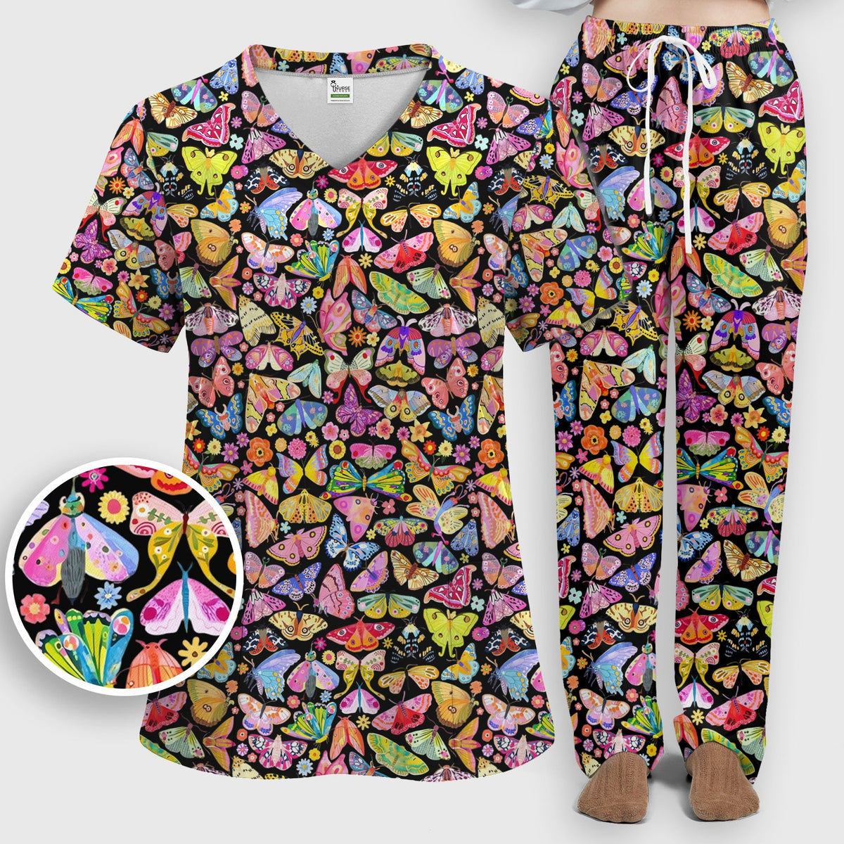 Cute Bright Butterfly Moth Floral Nurse Scrub Set