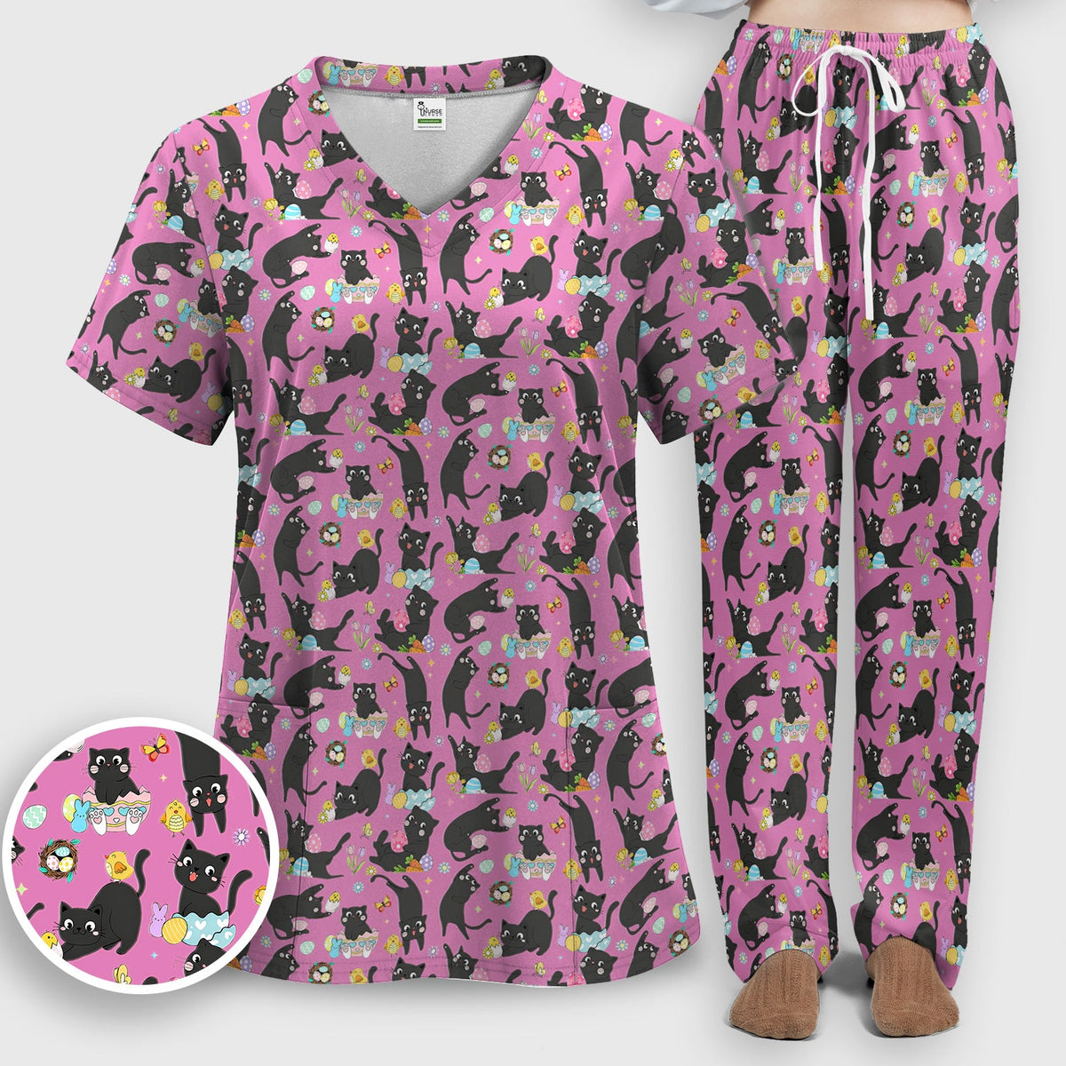 Black Cat Easter Egg Nurse Scrub Set