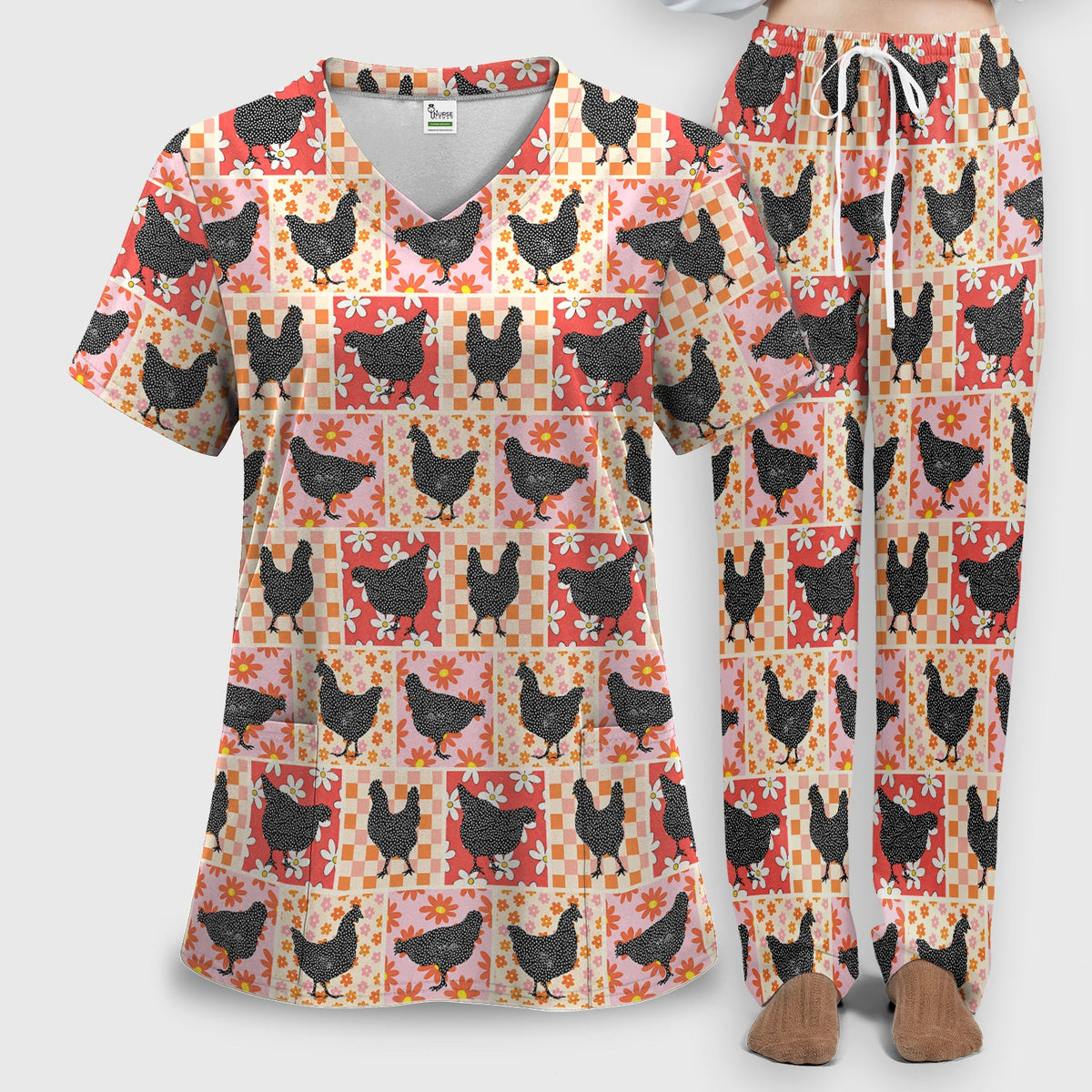 Chicken Patchwork Floral Nurse Scrub Set