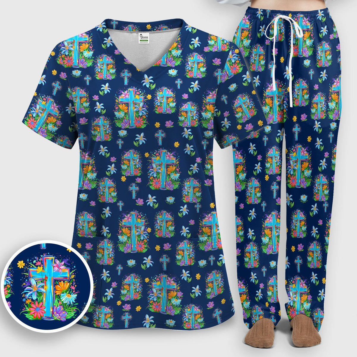 Christian Floral Cross Spring Nurse Scrub Set