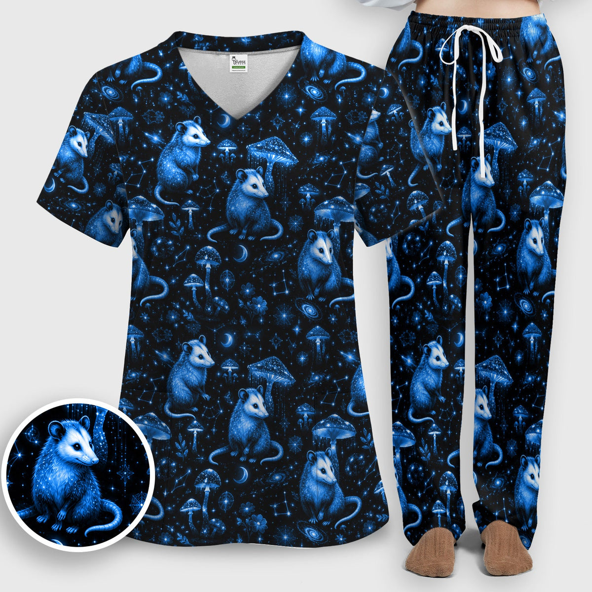 Celestial Blue Opossum Mushroom Nurse Scrub Set