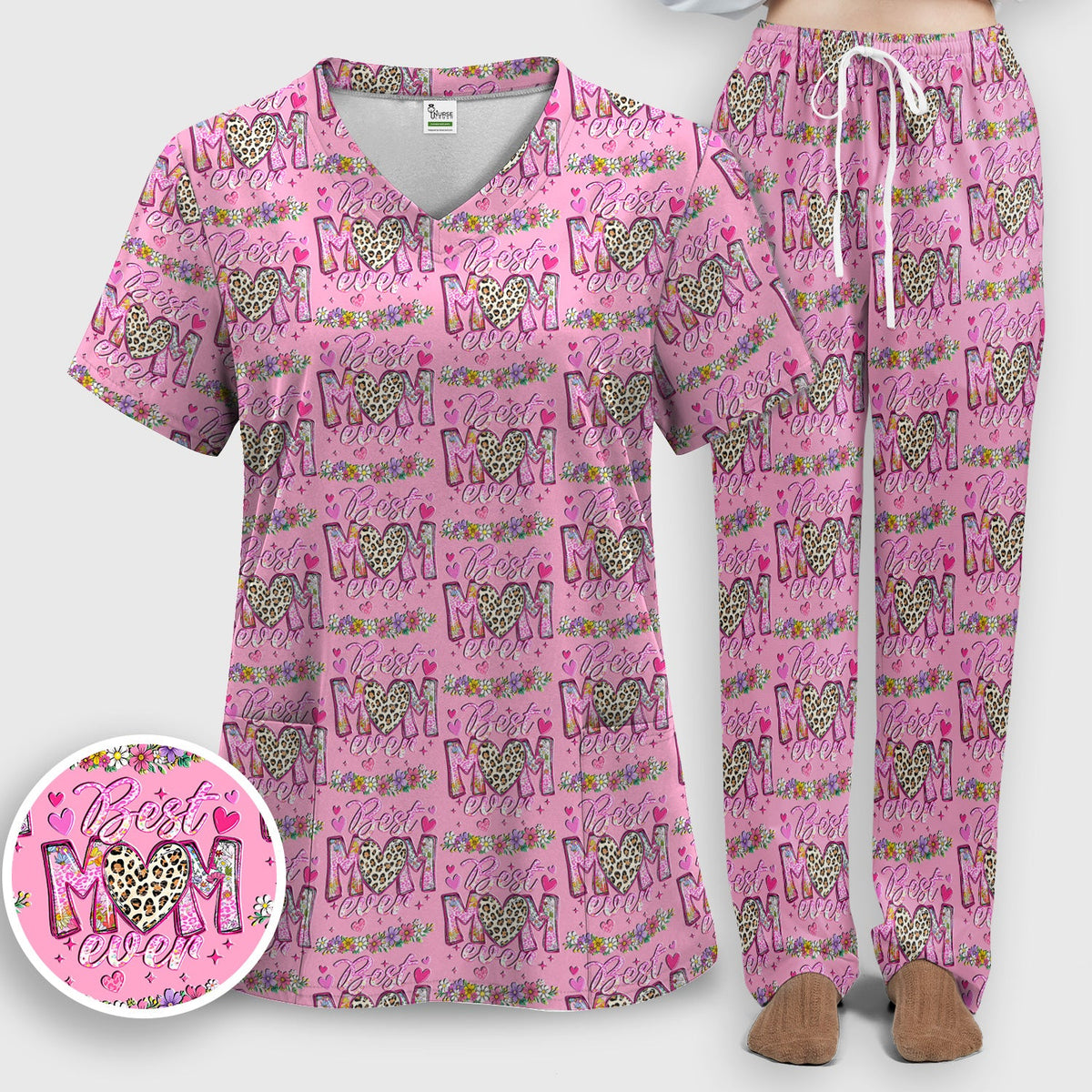 Best Mom Ever Leopard Heart Nurse Scrub Set