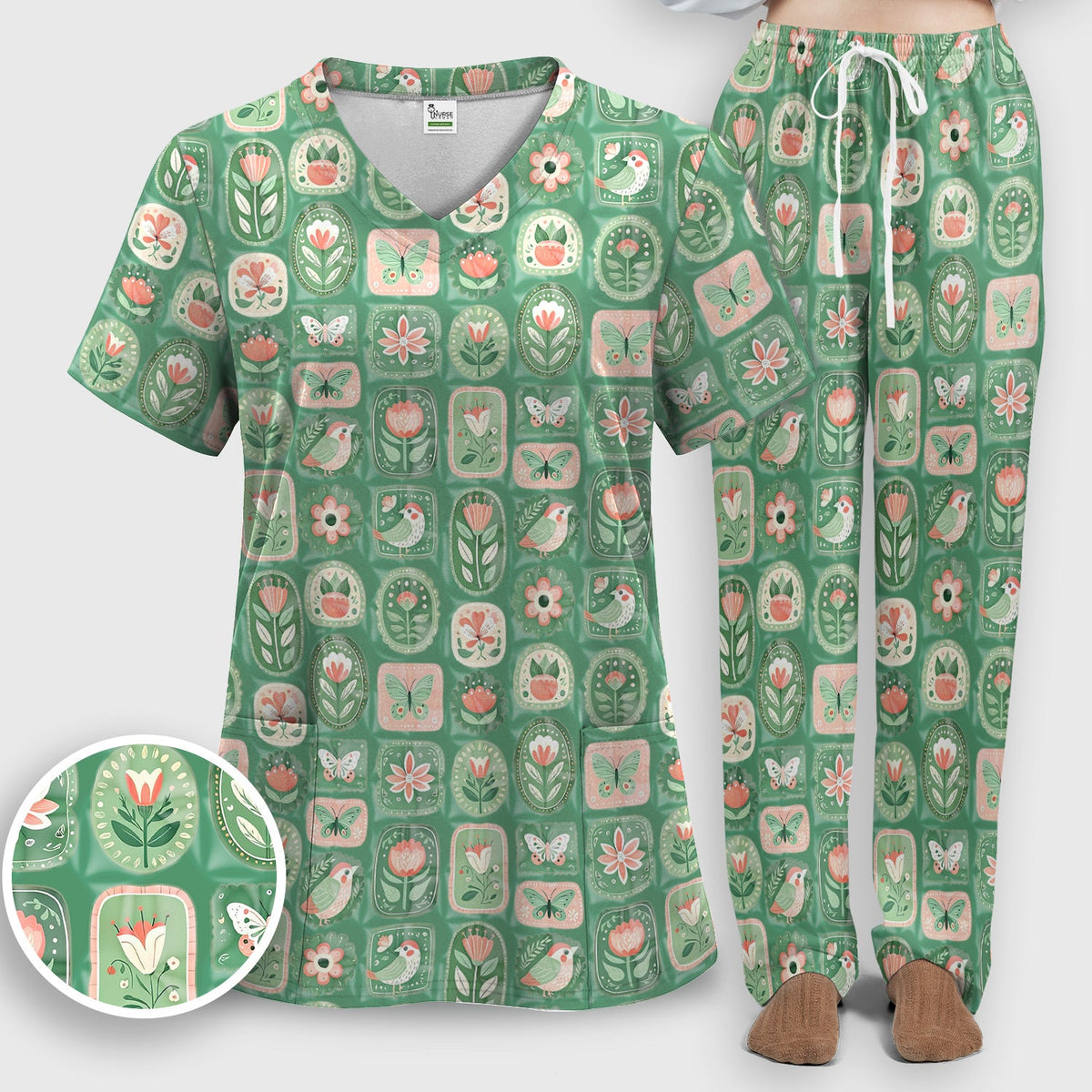 Folk Art Floral Bird Butterfly Garden Nurse Scrub Set