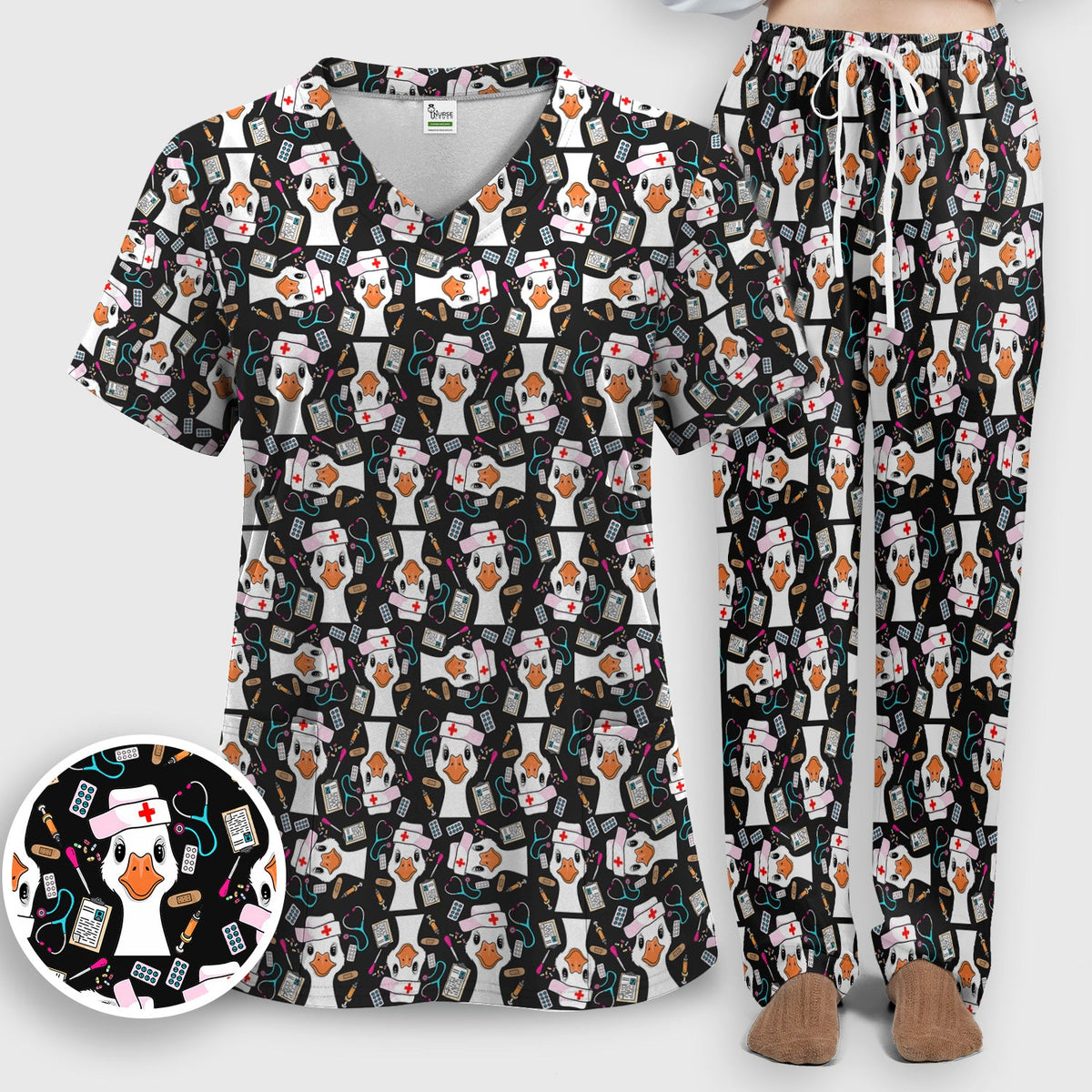 Duck Wearing Hat With Medical Tools Nurse Scrub Set