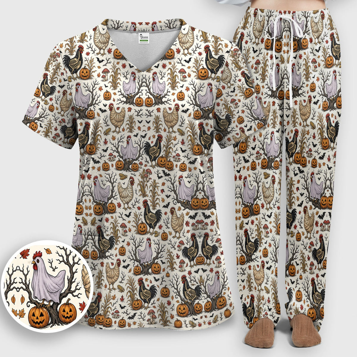 Skeleton Chickens Nurse Scrub Set - Halloween Gift