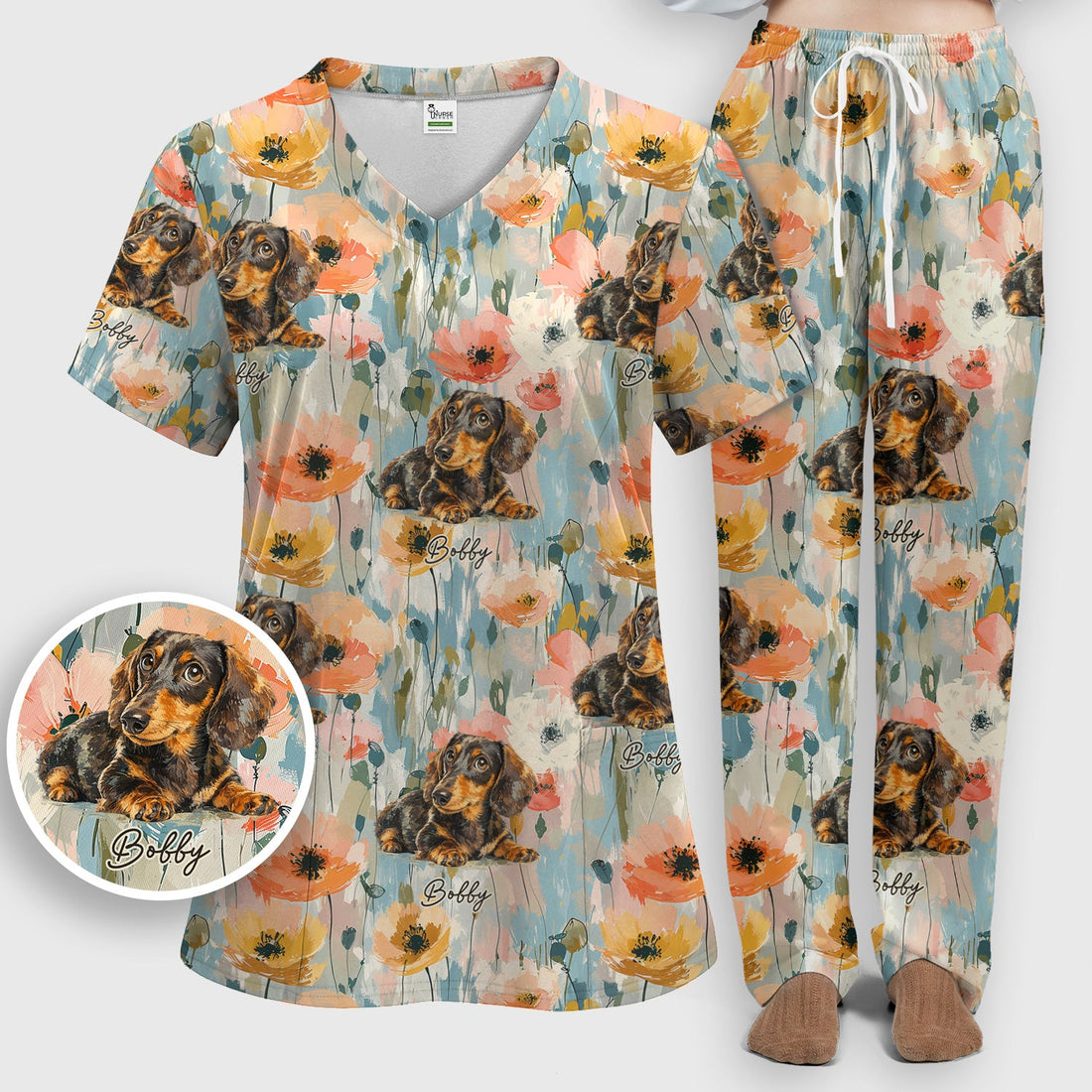 Personalized Dachshund Photo Floral Nurse Scrub Set