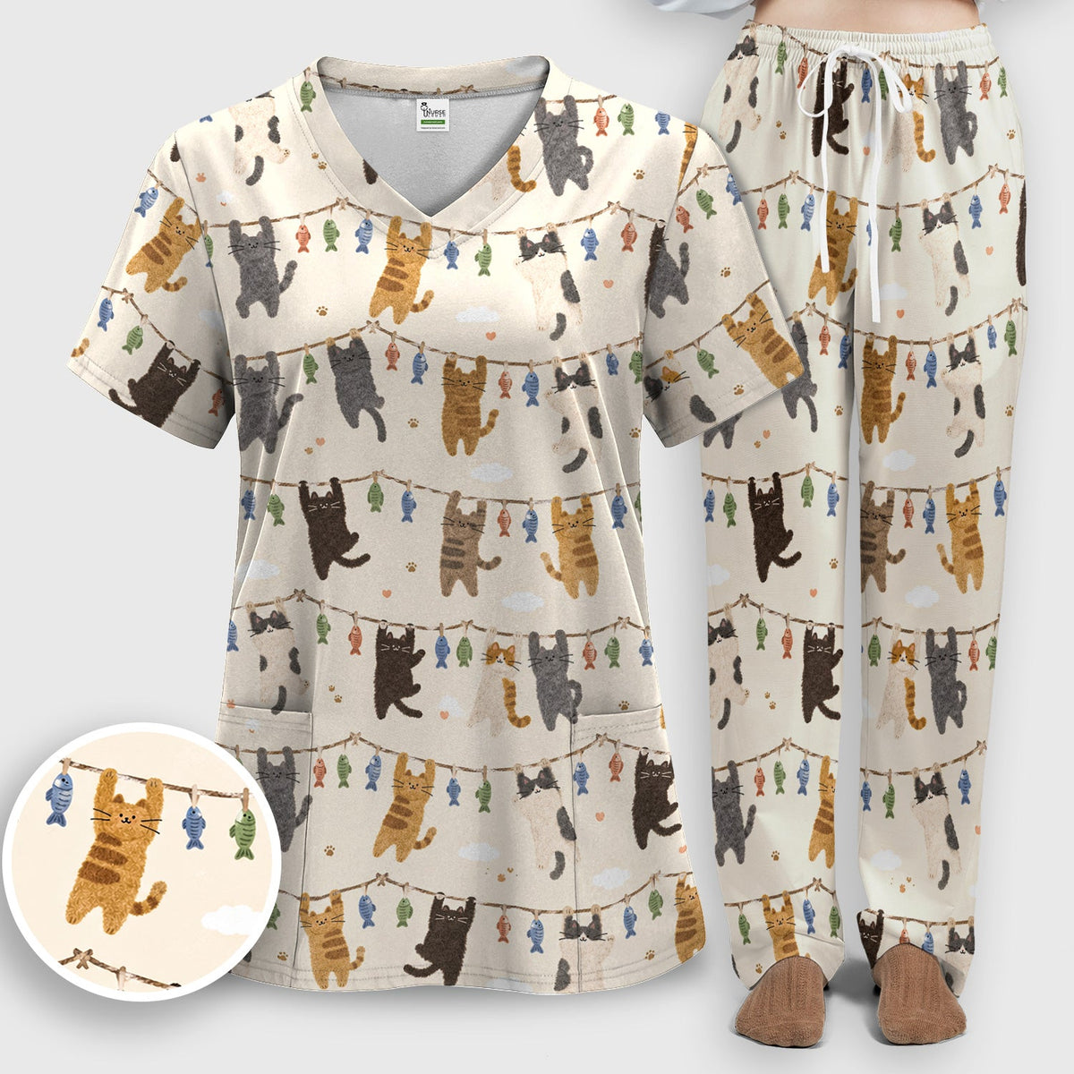 Hanging Cat Fishline Nurse Scrub Set