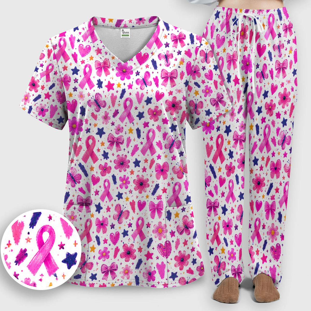 Pink Ribbon Floral Breast Cancer Nurse Scrub Set