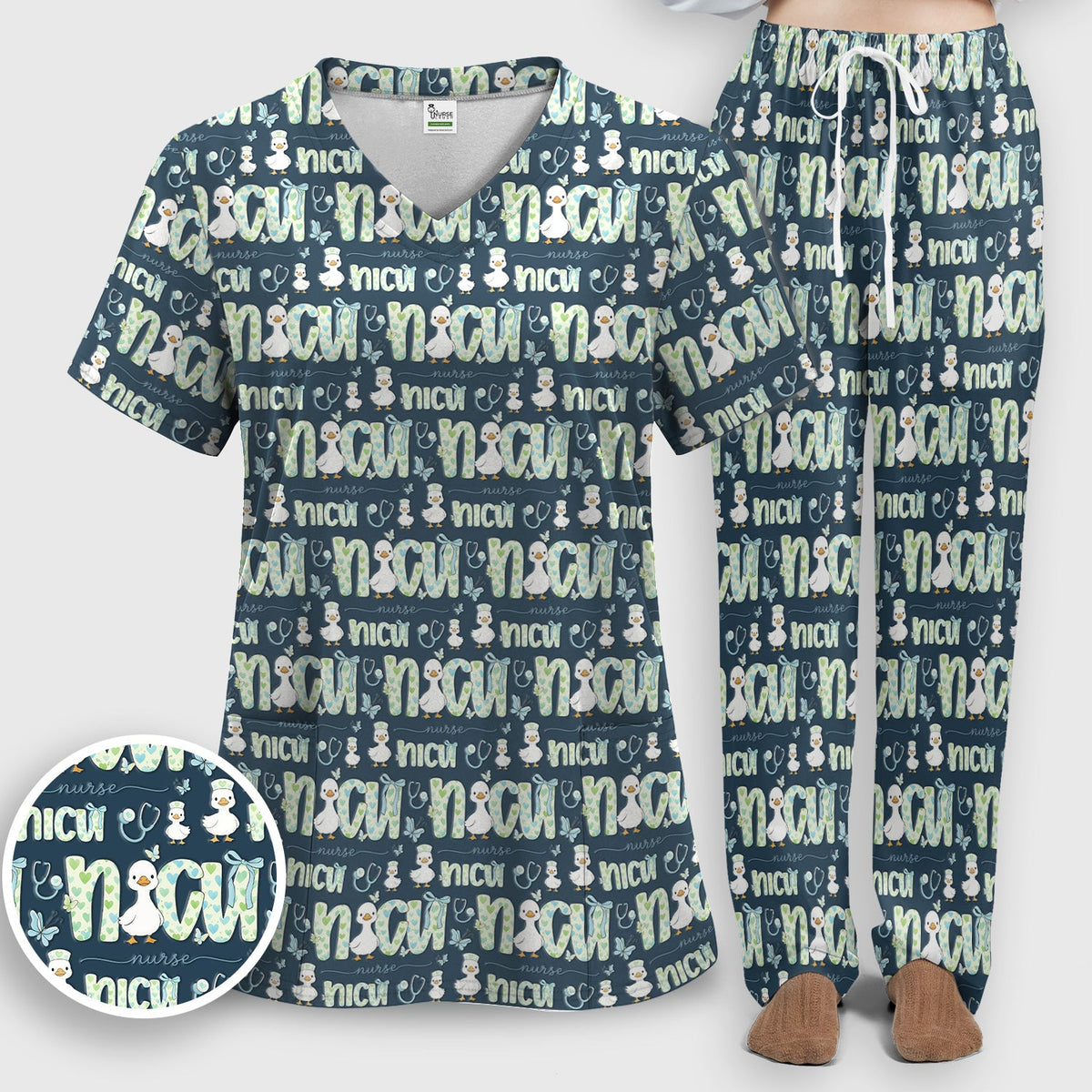 NICU Nurse Duck Pattern Scrub Set, Scrub Pants and V Neck Top