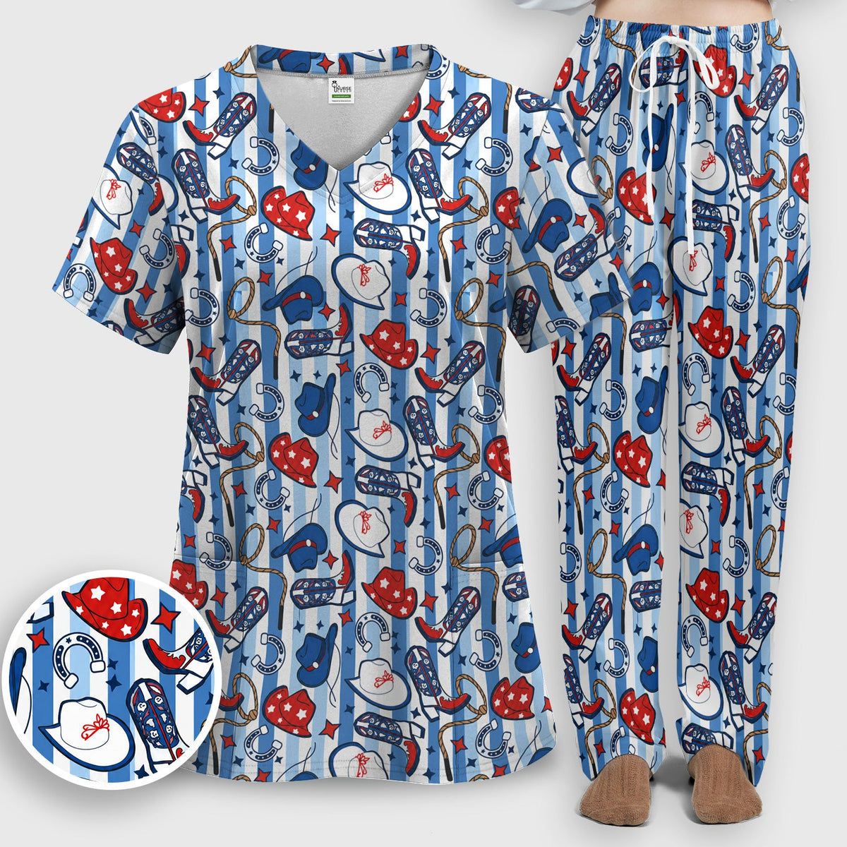 Western Cowboy Boots Hats Nurse Scrub Set