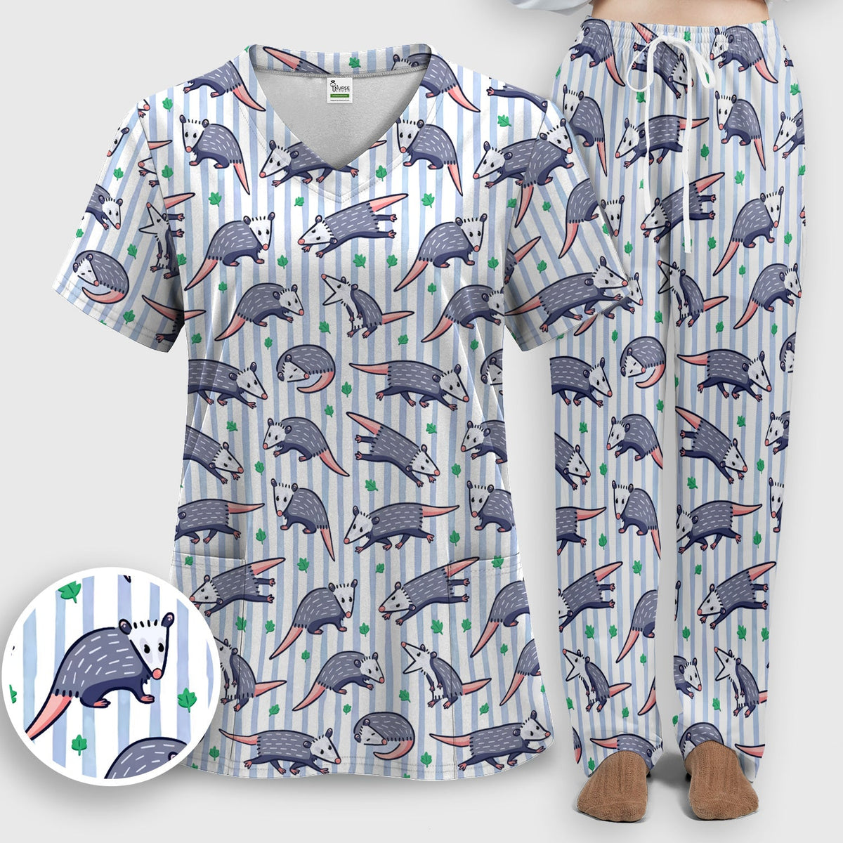 Opossum Blue Stripe Nurse Scrub Set