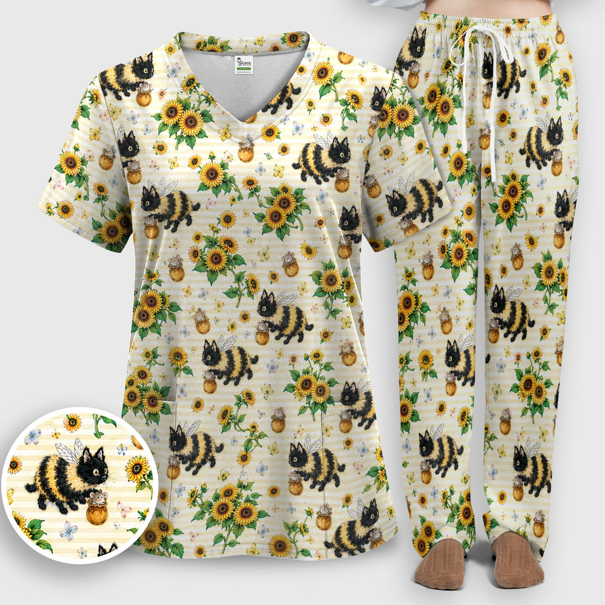 Bumblebee Cat Sunflower Nurse Scrub Set