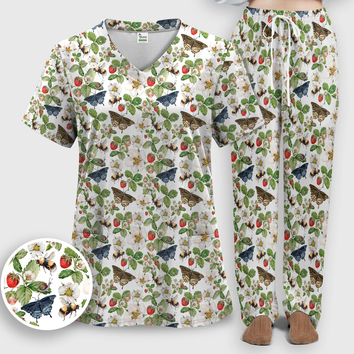 Strawberry Butterfly Garden Nurse Scrub Set