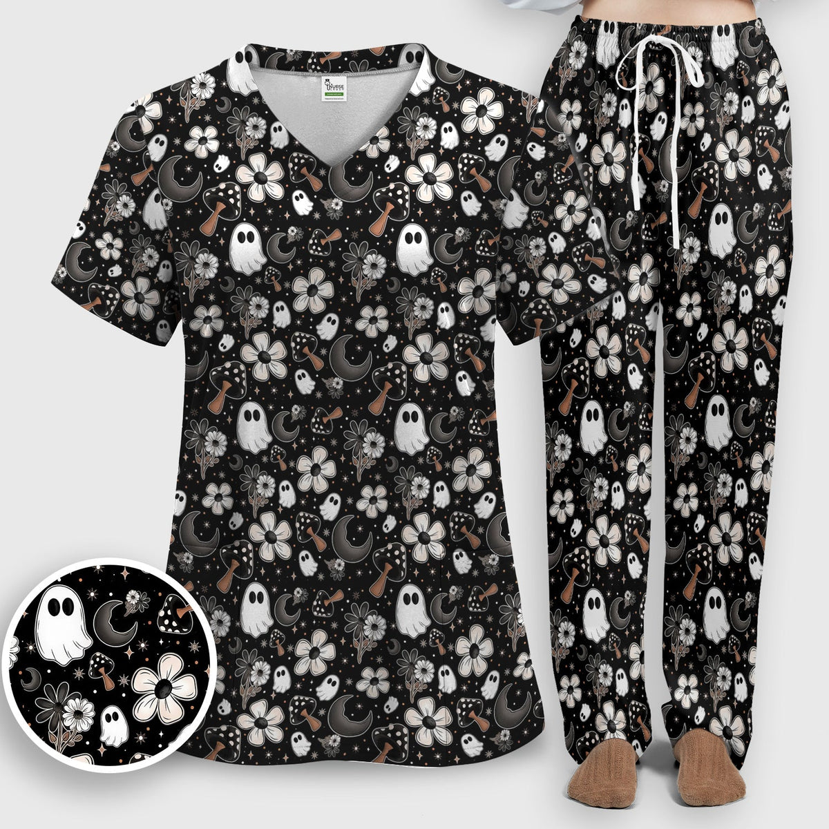 Floral Mushroom Ghost Nurse Scrub Set