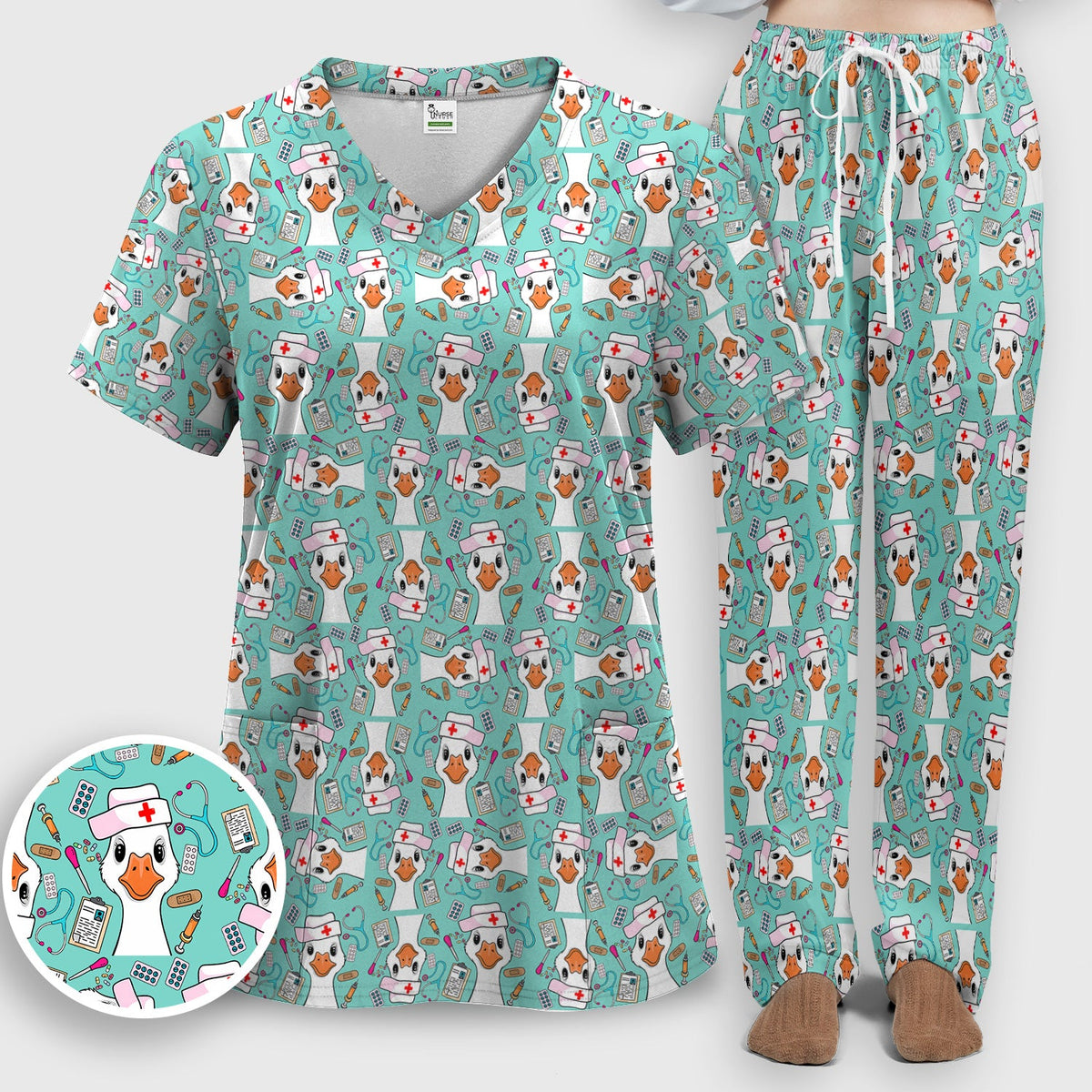 Duck Wearing Hat With Medical Tools Nurse Scrub Set
