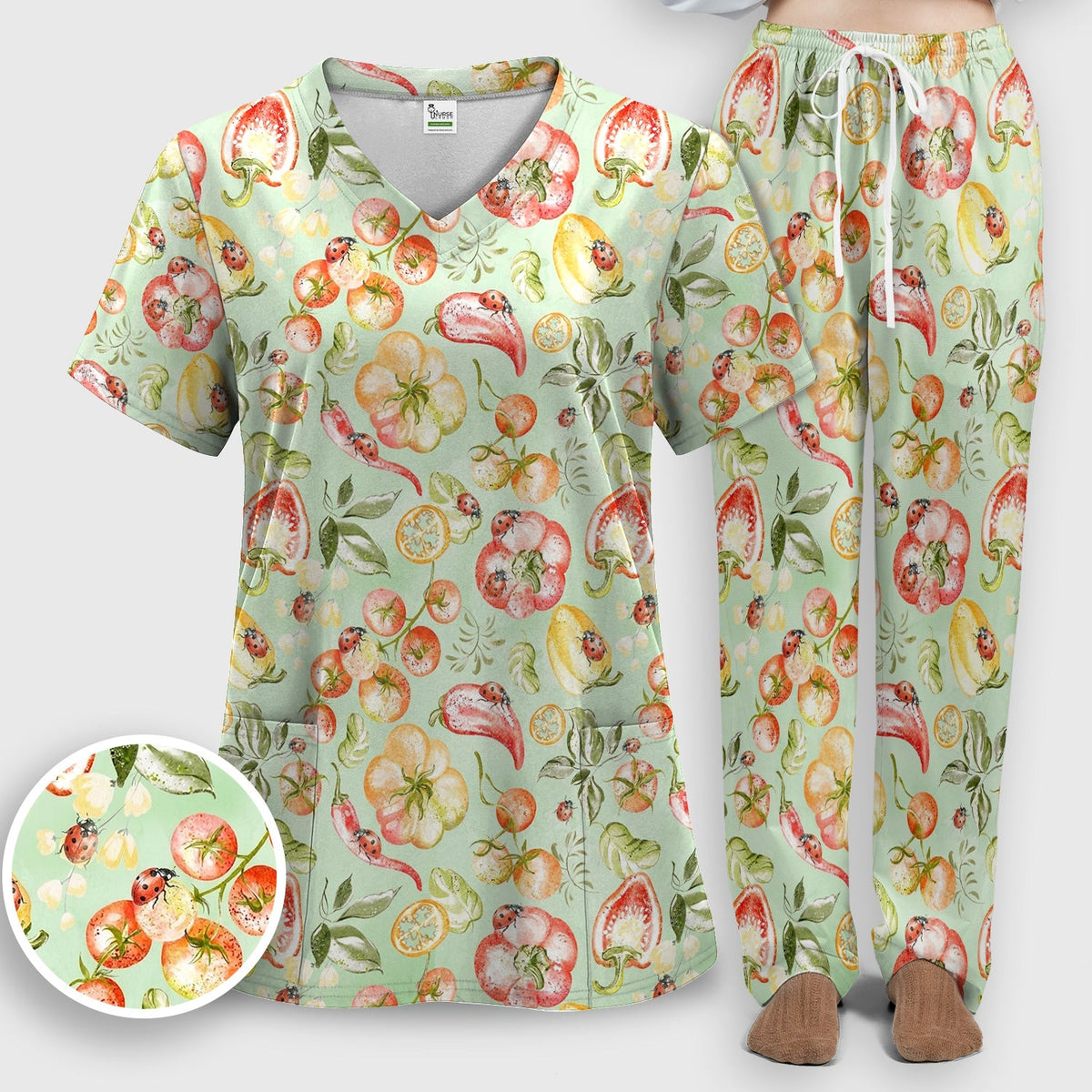 Watercolor Veggie Ladybug Nurse Scrub Set