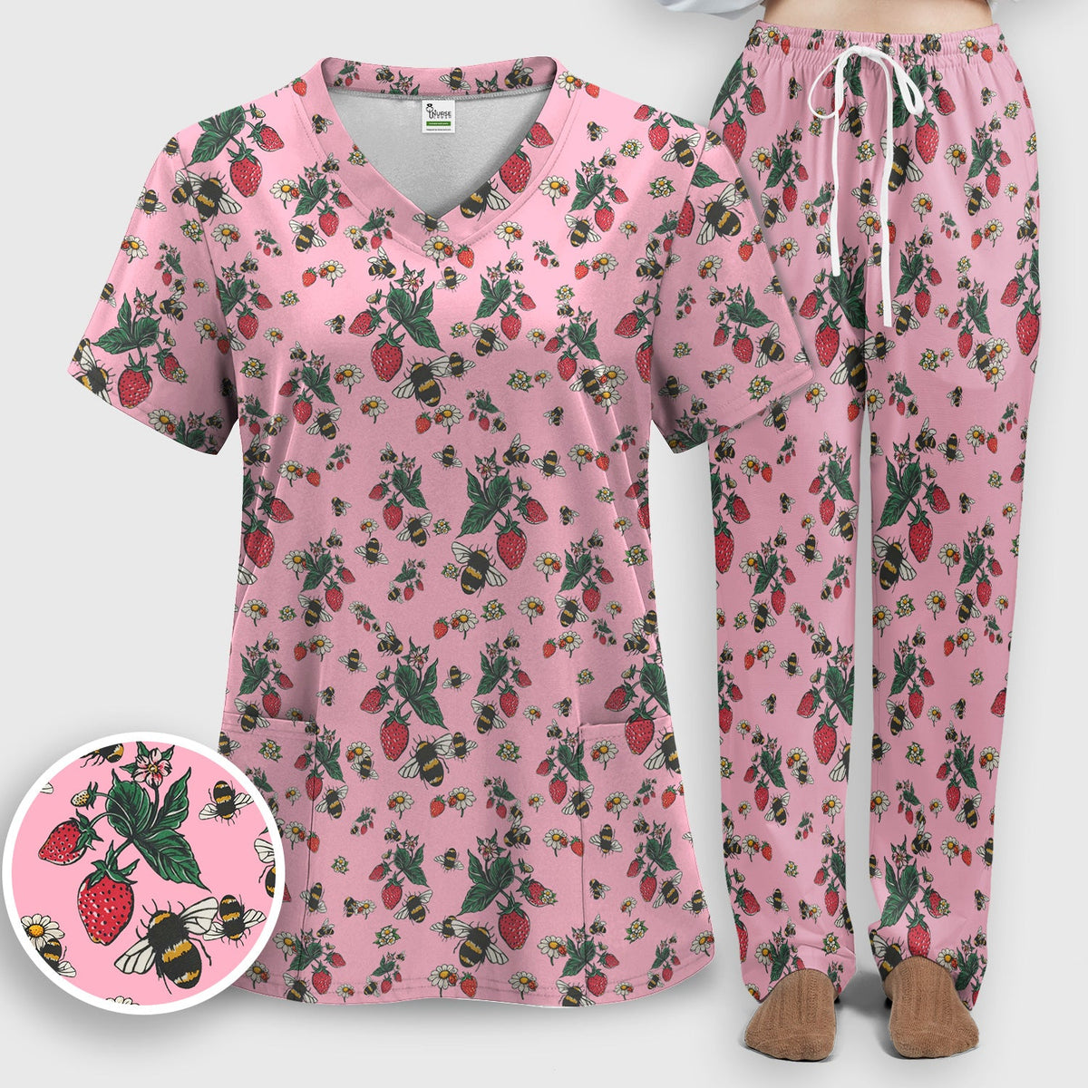 Strawberry Bee Daisy Nurse Scrub Set